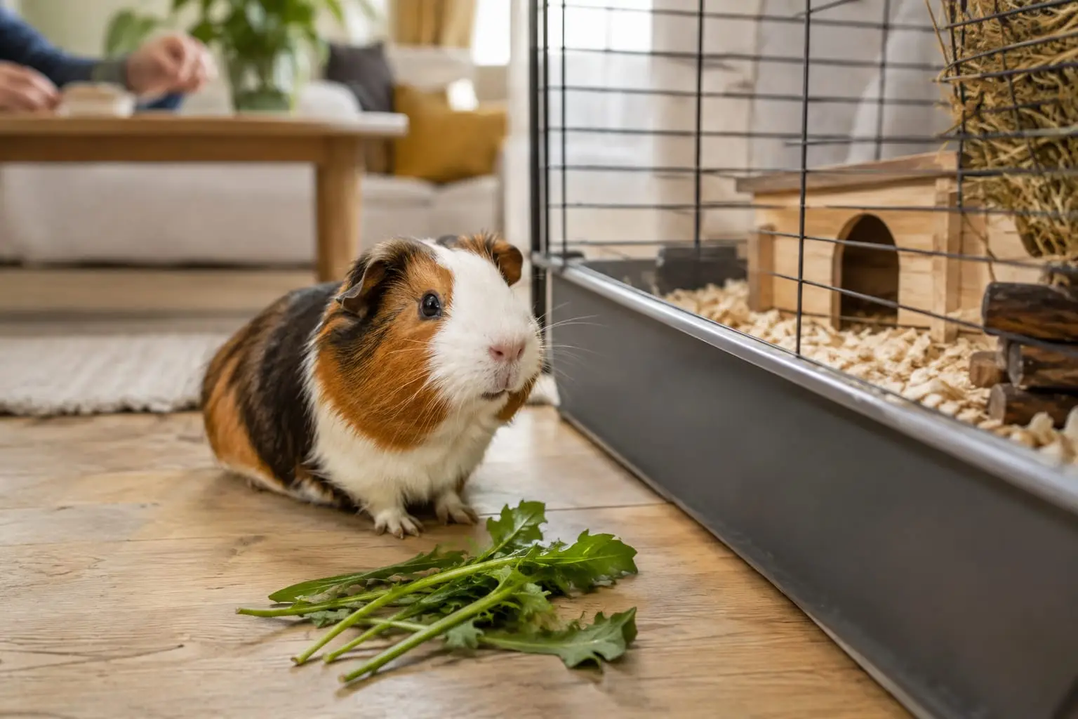 Un cochon d’Inde observe des feuilles de pissenlit près d’un enclos sécurisé dans un salon lumineux.