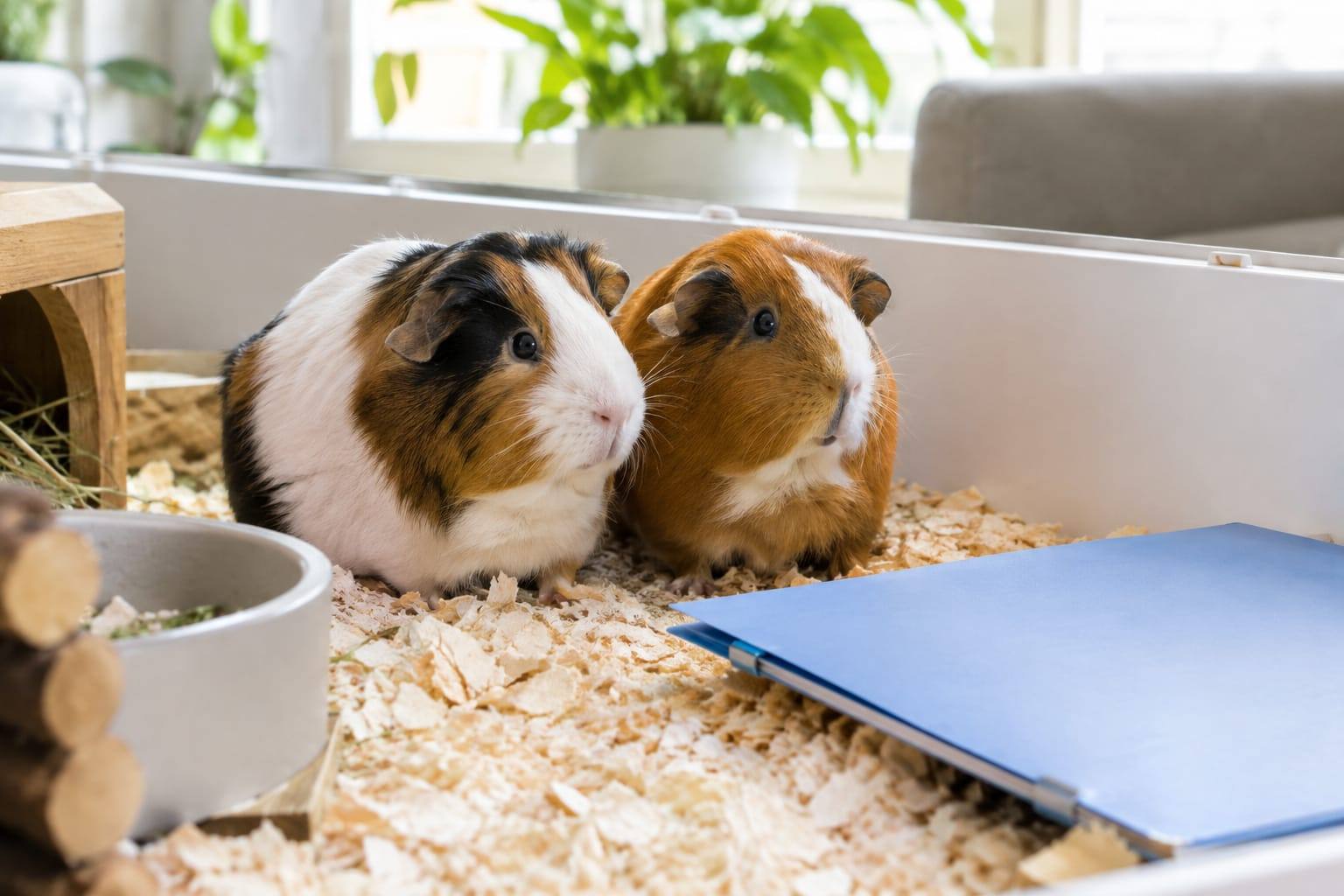 Deux cochons d’Inde côte à côte dans un enclos intérieur propre, avec une fiche de suivi vétérinaire posée à proximité.