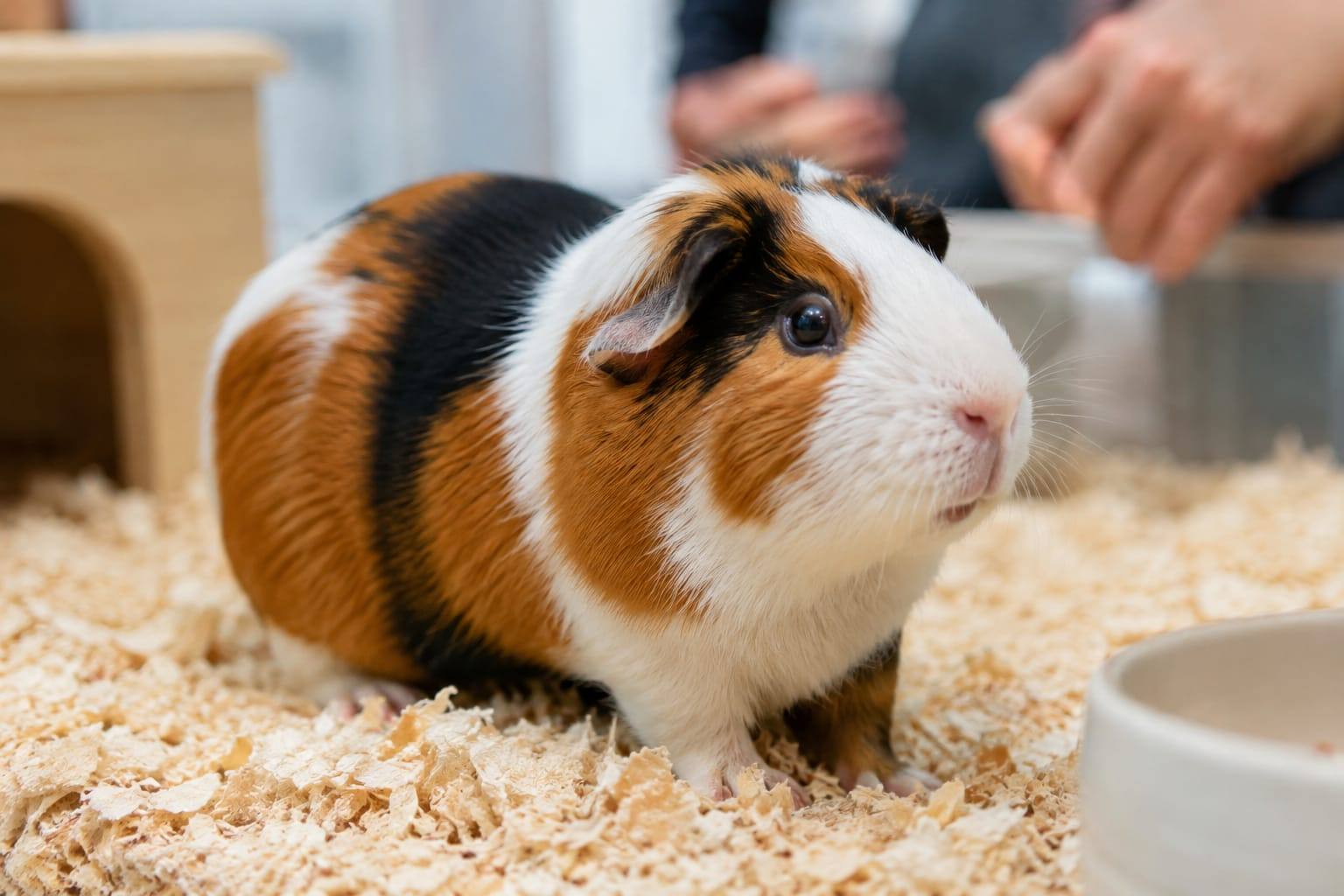 Cochon d’Inde tricolore posé sur une litière douce et sèche, ses quatre pattes visibles dans un enclos intérieur.