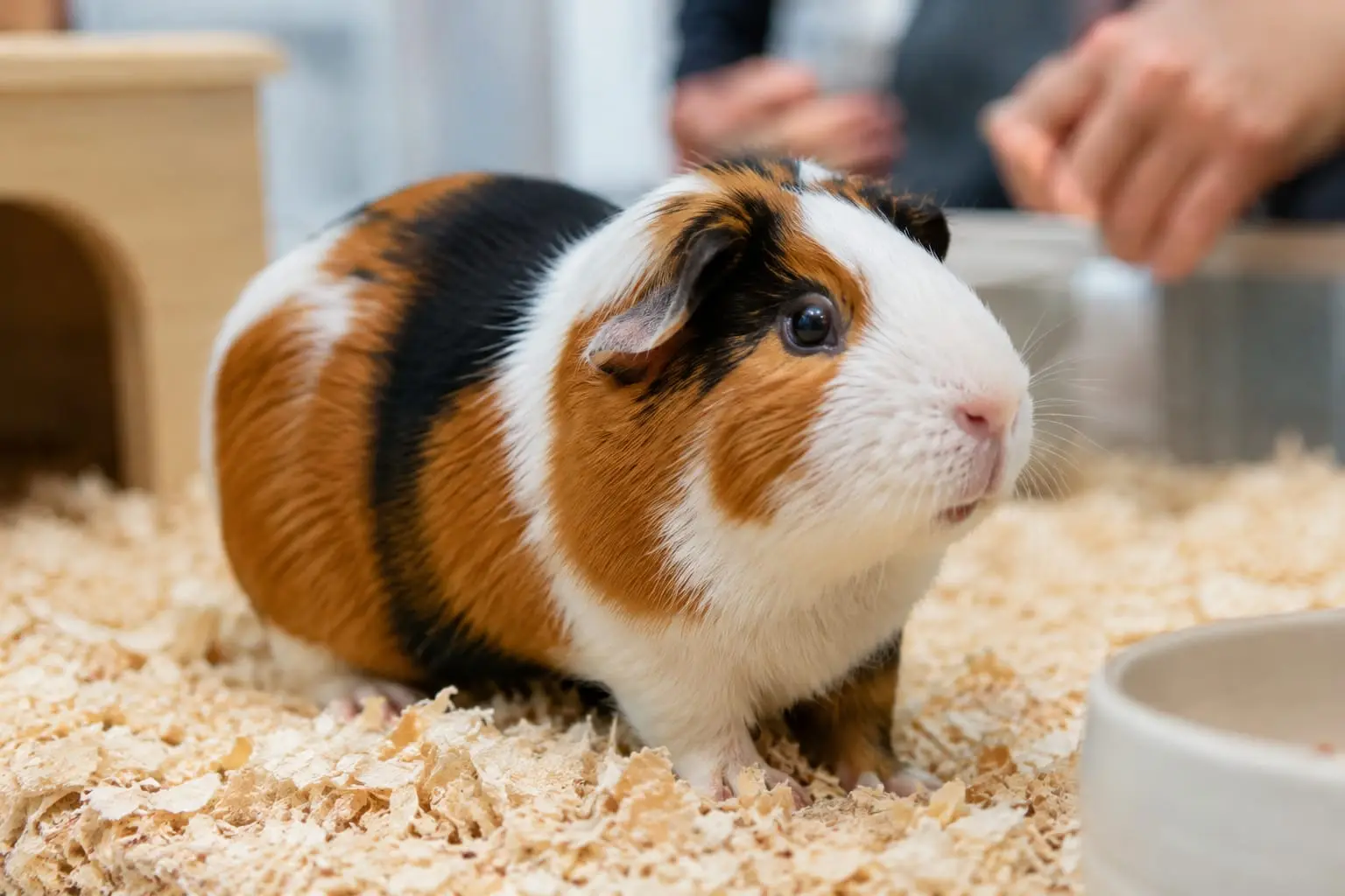 Cochon d’Inde tricolore posé sur une litière douce et sèche, ses quatre pattes visibles dans un enclos intérieur.