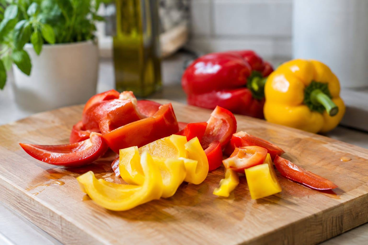 Morceaux de poivron rouge et jaune frais, lavés et coupés sur une planche dans une cuisine lumineuse.