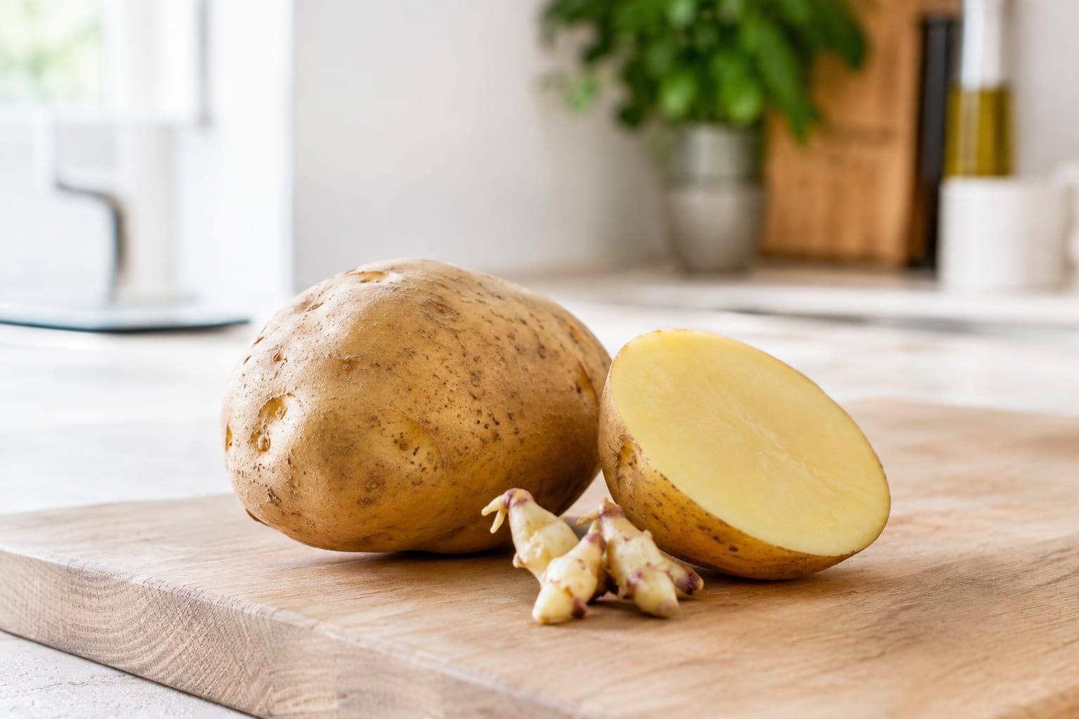 Une pomme de terre crue entière, une moitié coupée et quelques petits germes posés sur une planche claire dans une cuisine lumineuse.