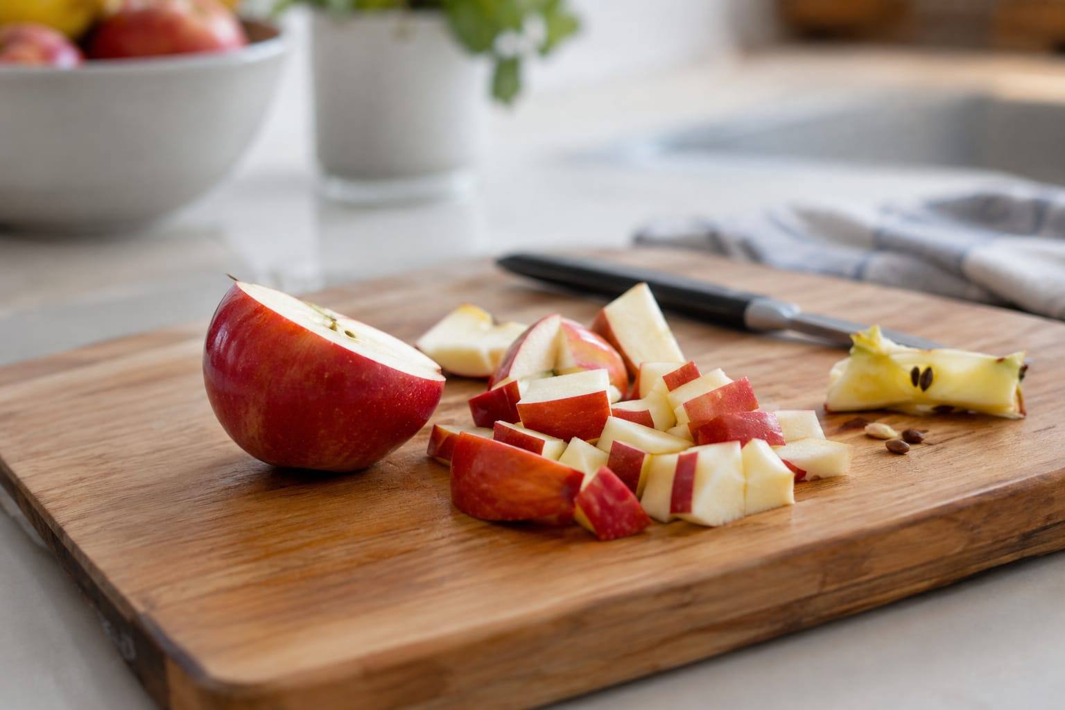 Petite pomme rouge coupée en quartiers sur une planche propre, avec le cœur et les pépins retirés.