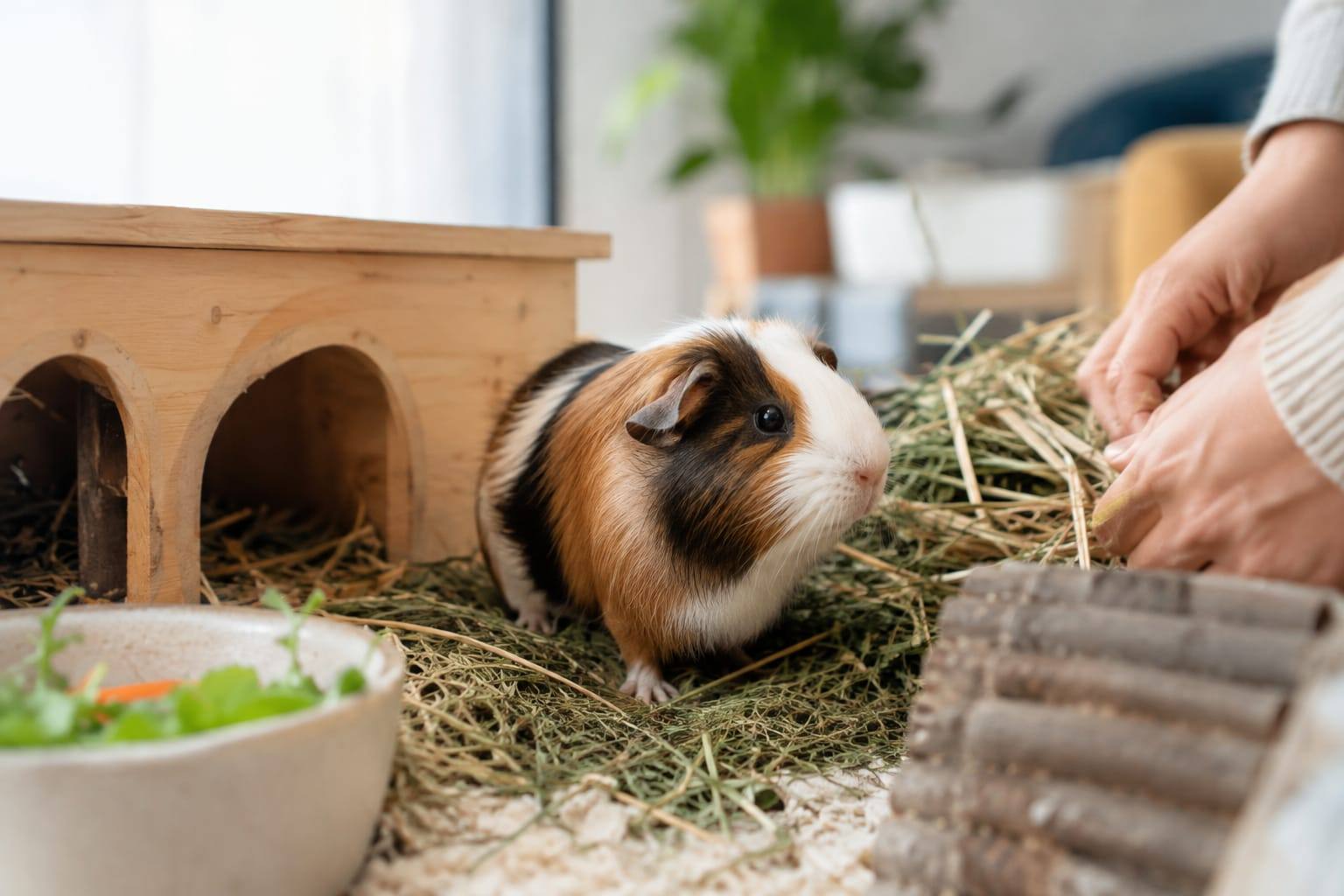 Un cochon d’Inde découvre une cachette dans un habitat préparé, tandis qu’une main dépose doucement du foin à proximité.