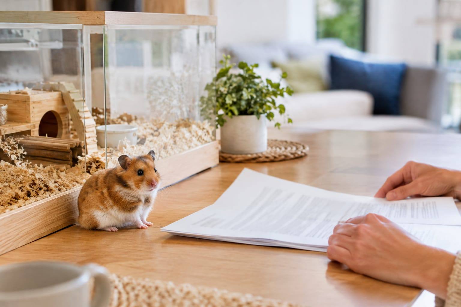 Un hamster installé près de sa cage pendant que son propriétaire compare des documents de couverture santé.