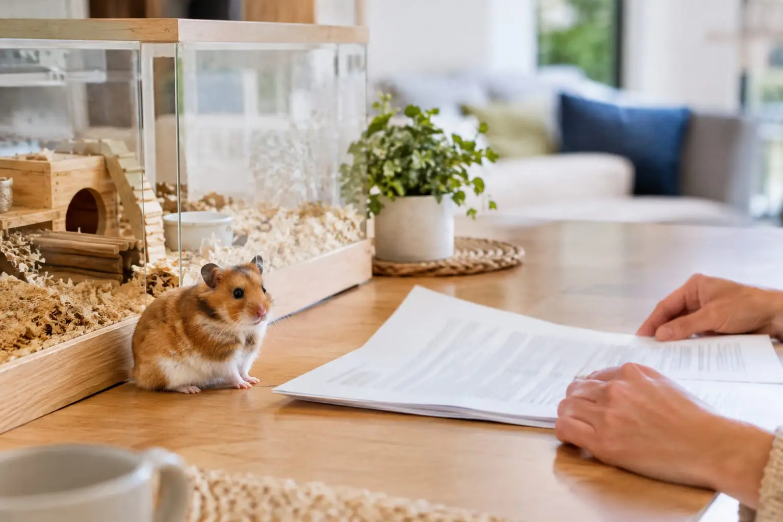 Un hamster installé près de sa cage pendant que son propriétaire compare des documents de couverture santé.