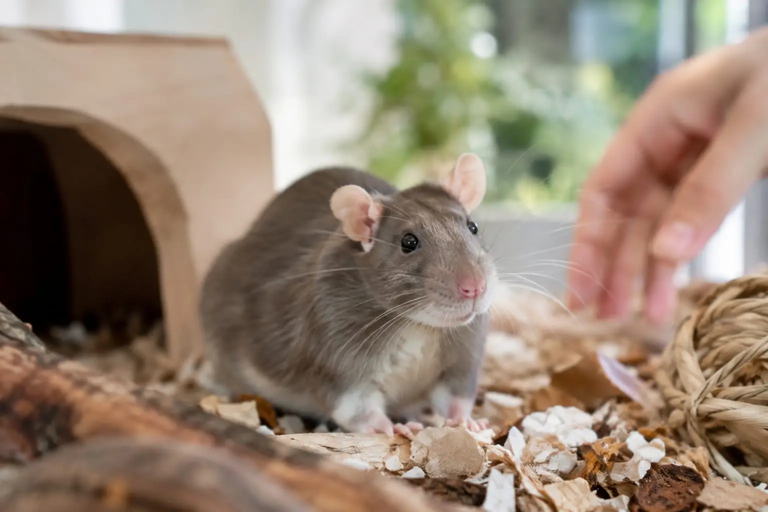 Un rat domestique alerte dans un habitat propre, avec une litière peu poussiéreuse et une main posée près de lui.