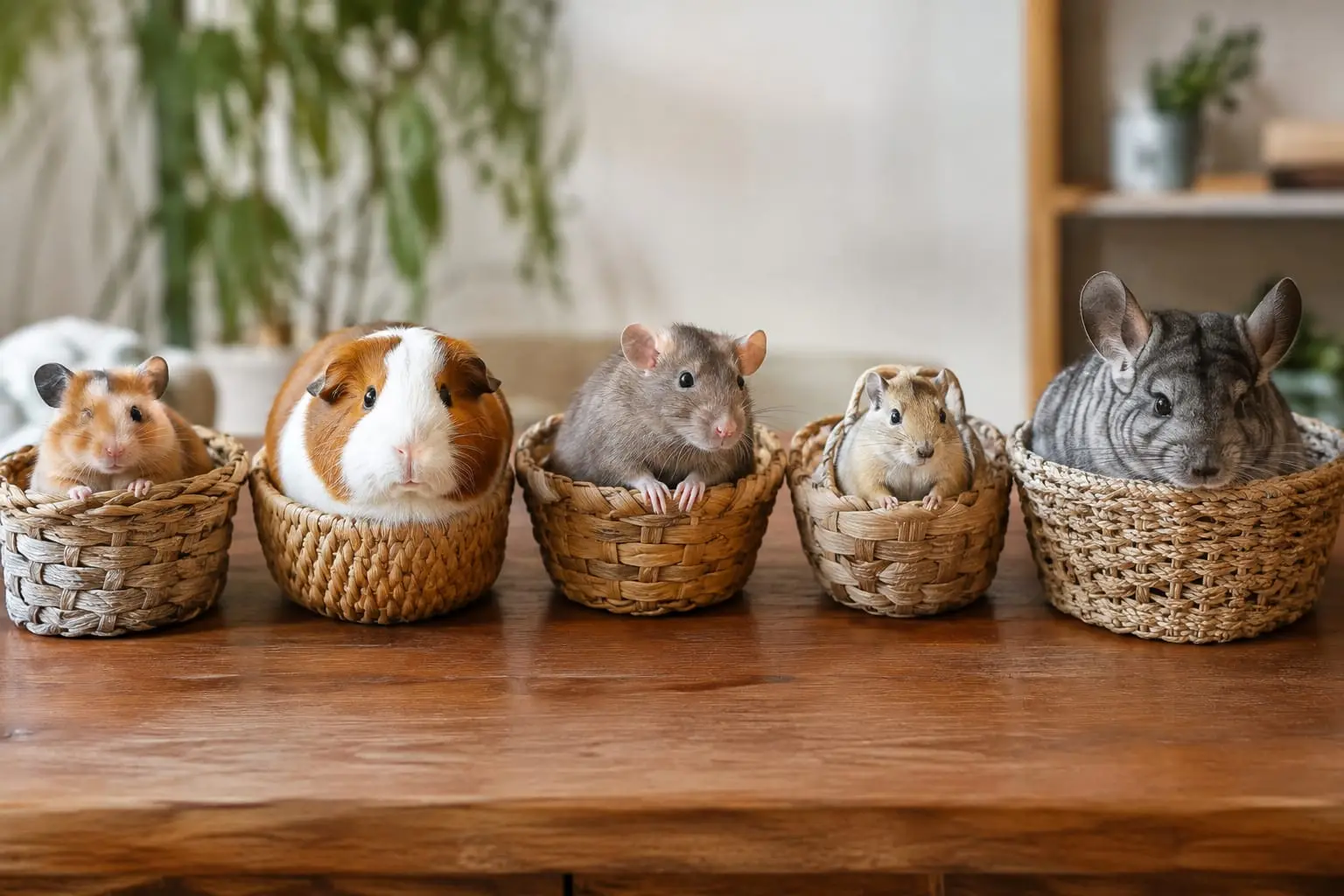 Un hamster, un cochon d’Inde, un rat, une gerbille et un chinchilla sont alignés dans de petits paniers tressés sur une table en bois.