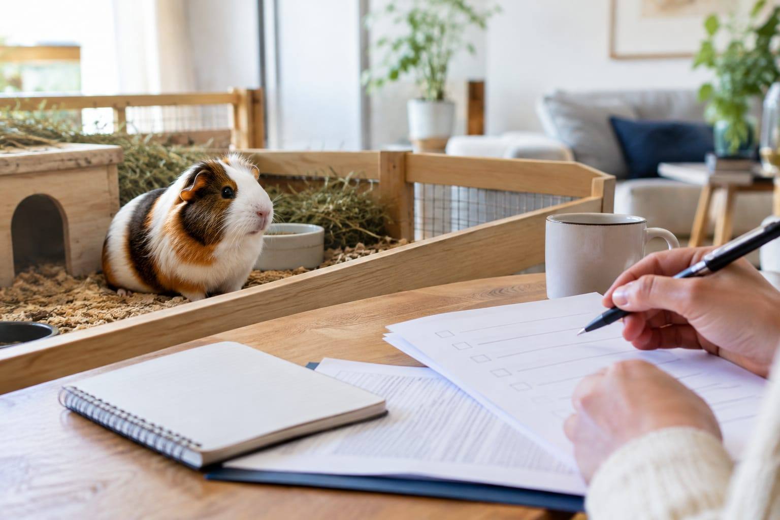 Un cochon d’Inde calme dans son enclos, près d’un carnet et de documents d’assurance posés sur une table.