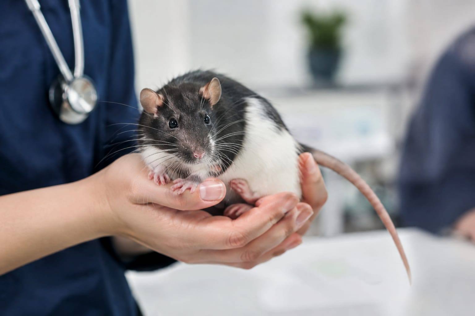 Un rat domestique noir et blanc, au nez rose et à la longue queue nue, est tenu doucement dans des mains lors d’une consultation vétérinaire.