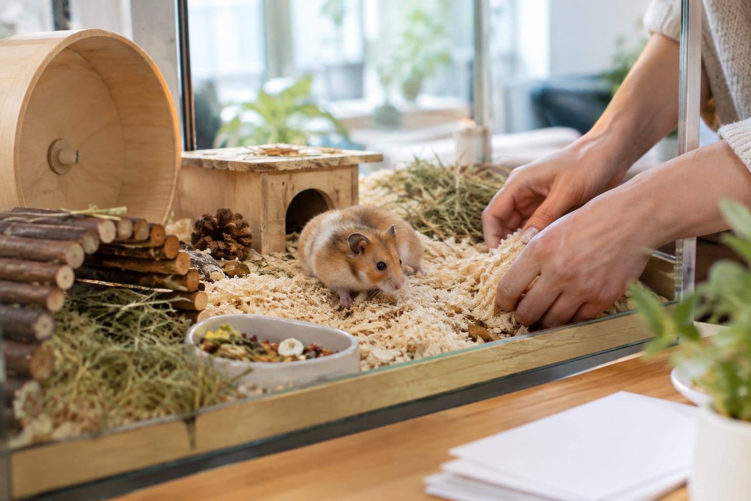 Un propriétaire observe un hamster dans un habitat adapté, avec des documents posés à côté, sans texte lisible.