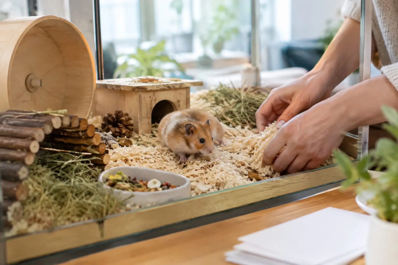 Un propriétaire observe un hamster dans un habitat adapté, avec des documents posés à côté, sans texte lisible.