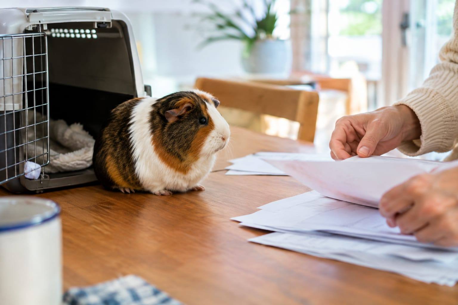 Un cochon d’Inde calme dans sa caisse de transport, près de documents d’assurance posés dans une pièce lumineuse.
