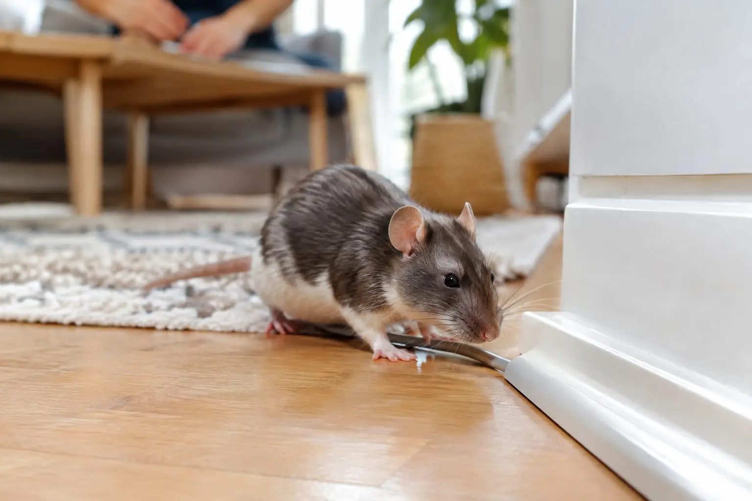 Un rat domestique observe un câble protégé près d’un meuble, dans un salon lumineux et soigneusement aménagé.