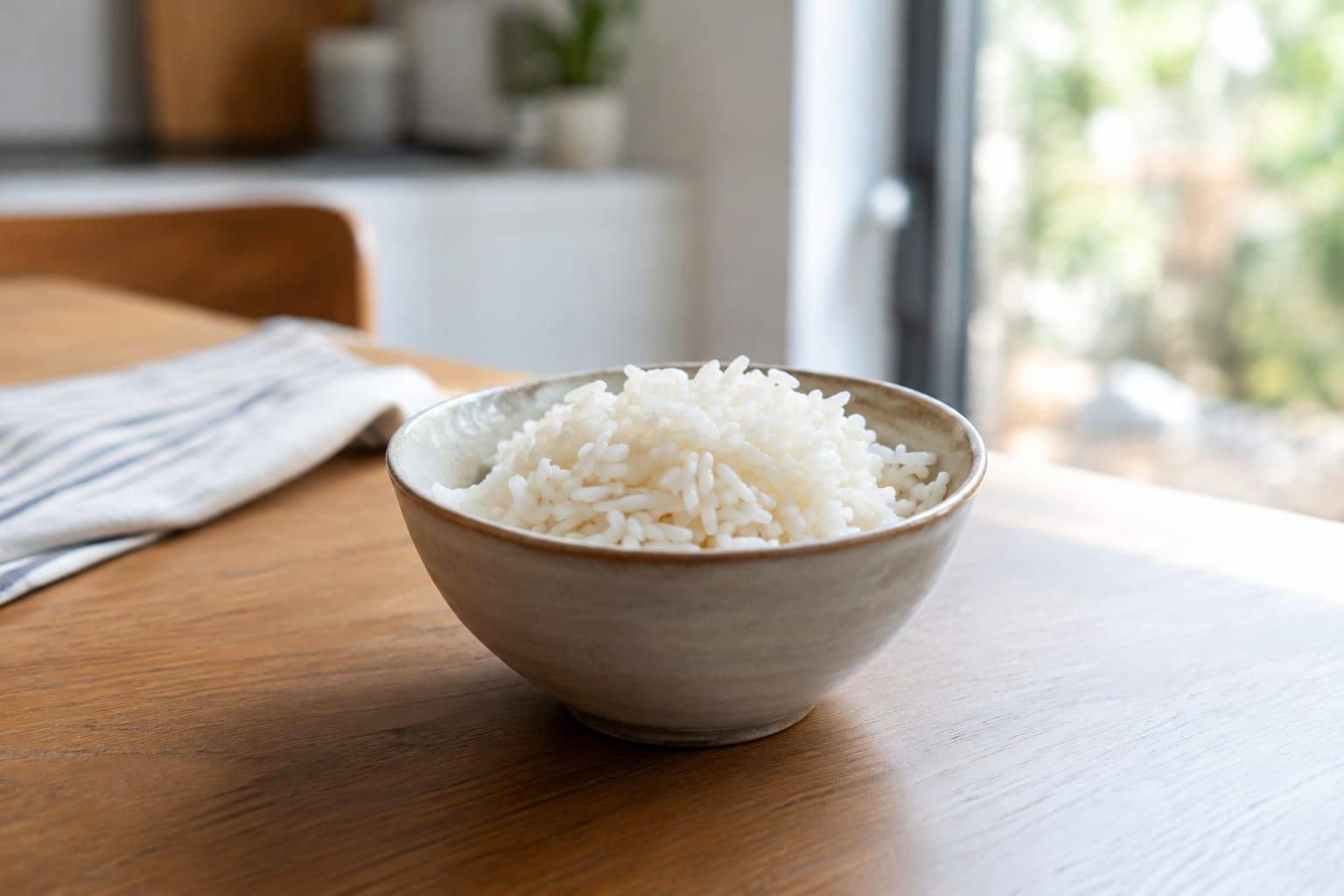 Bol de riz blanc nature refroidi, avec quelques grains séparés sur une petite assiette en céramique.