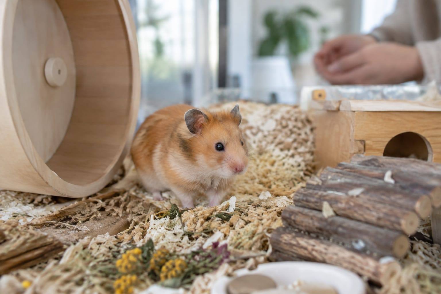 Hamster syrien doré dans une grande enceinte intérieure avec une litière épaisse, une roue pleine et des cachettes.