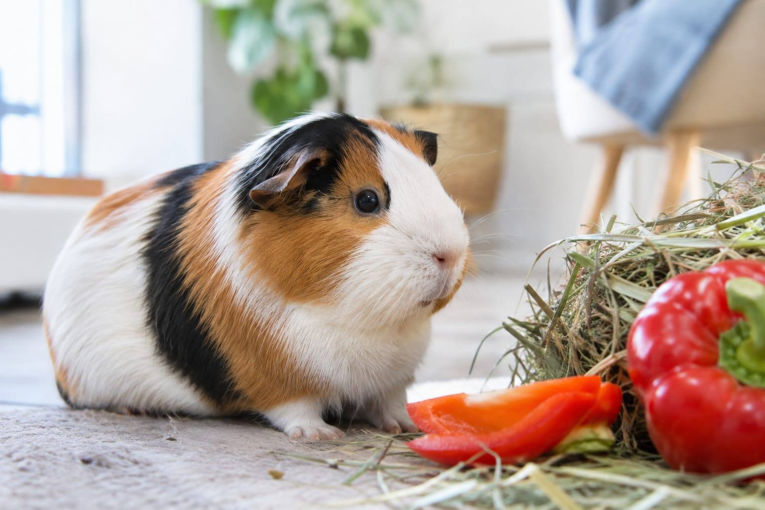 Cochon d’Inde tricolore près de foin et de poivron rouge, dans un espace intérieur propre et lumineux.
