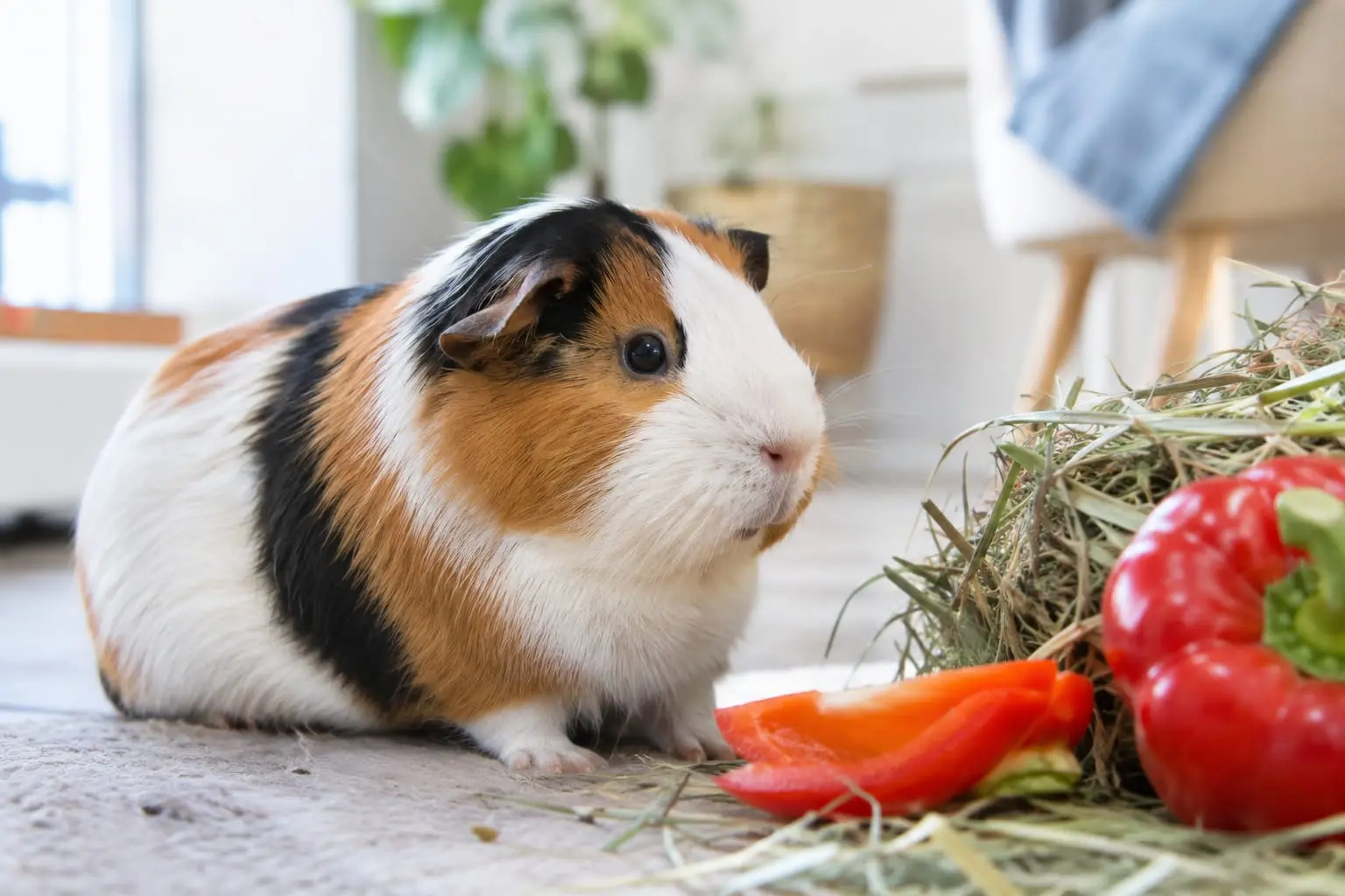 Cochon d’Inde tricolore près de foin et de poivron rouge, dans un espace intérieur propre et lumineux.