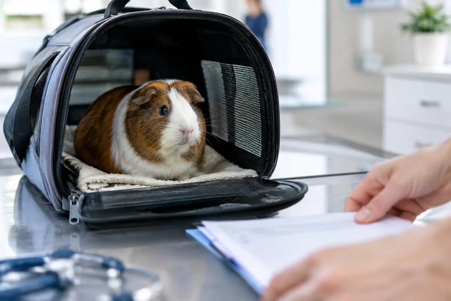 Un cochon d’Inde calme dans sa caisse de transport, près des mains d’une personne qui prépare ses documents vétérinaires.