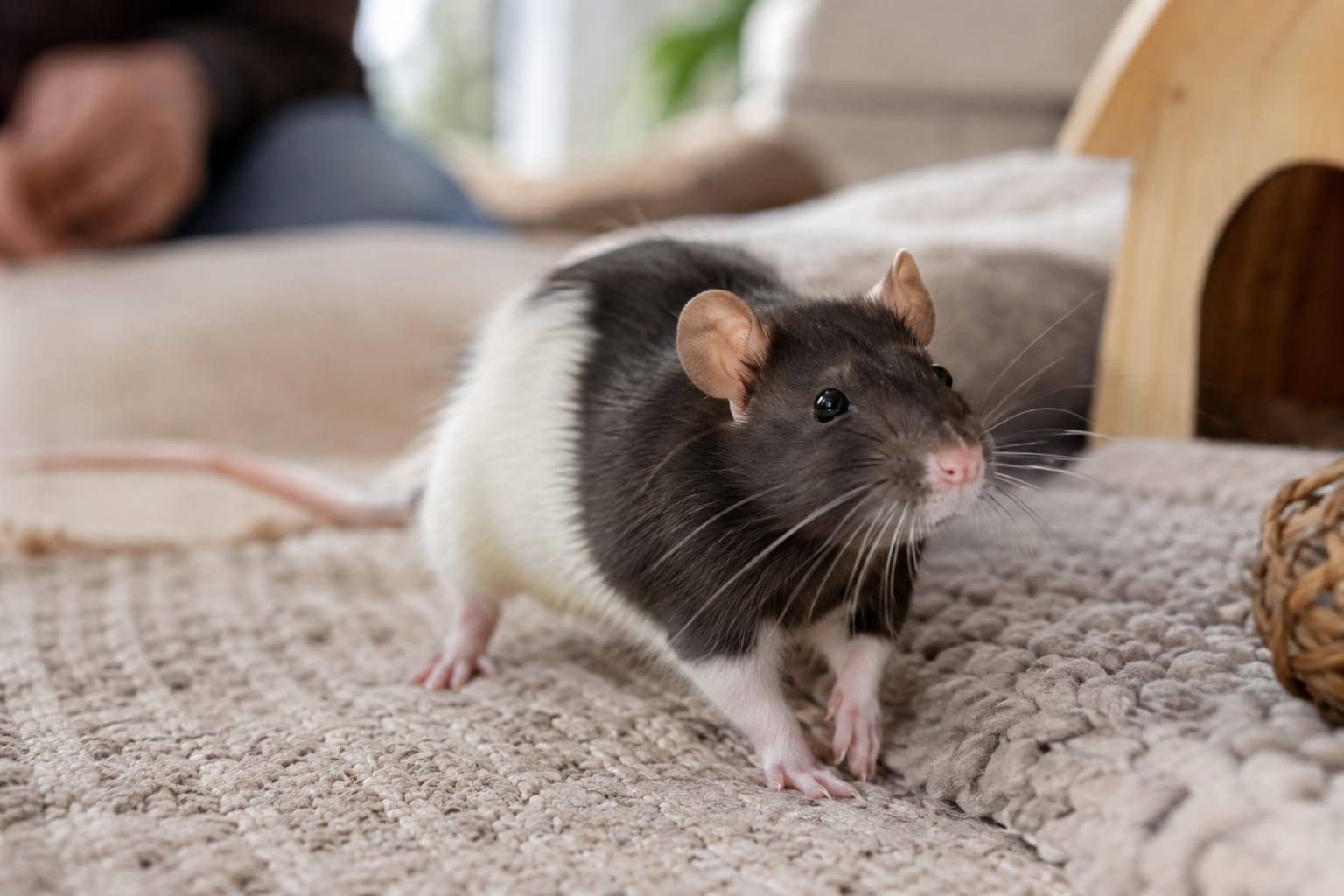 Rat domestique senior noir et blanc, au pelage brillant, installé calmement dans une cage aménagée.