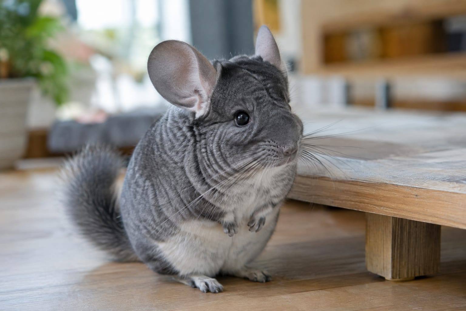 Chinchilla gris standard au pelage dense bleu-gris, ventre blanc et grandes oreilles, installé près d’une plateforme basse.