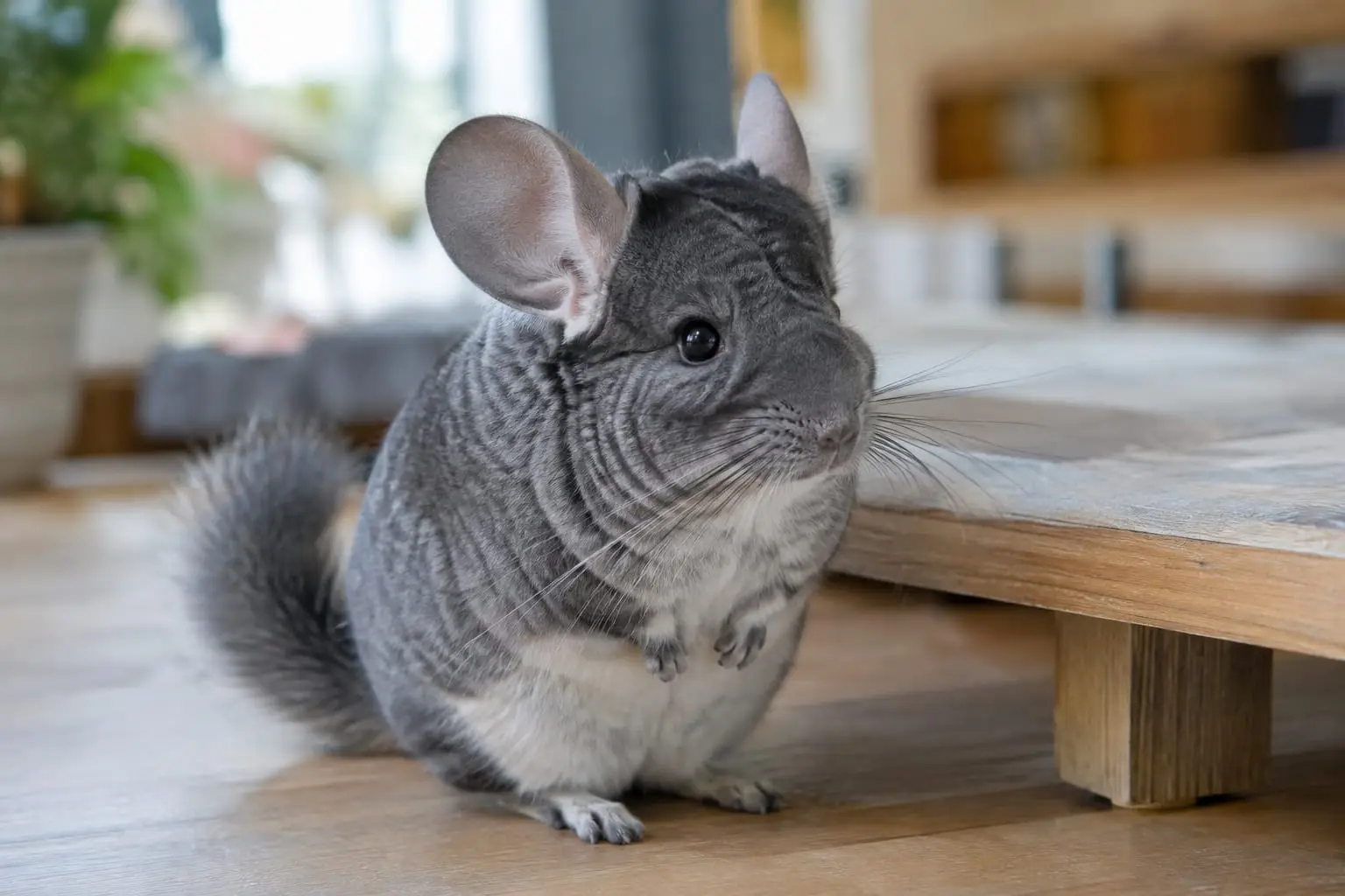 Chinchilla gris standard au pelage dense bleu-gris, ventre blanc et grandes oreilles, installé près d’une plateforme basse.