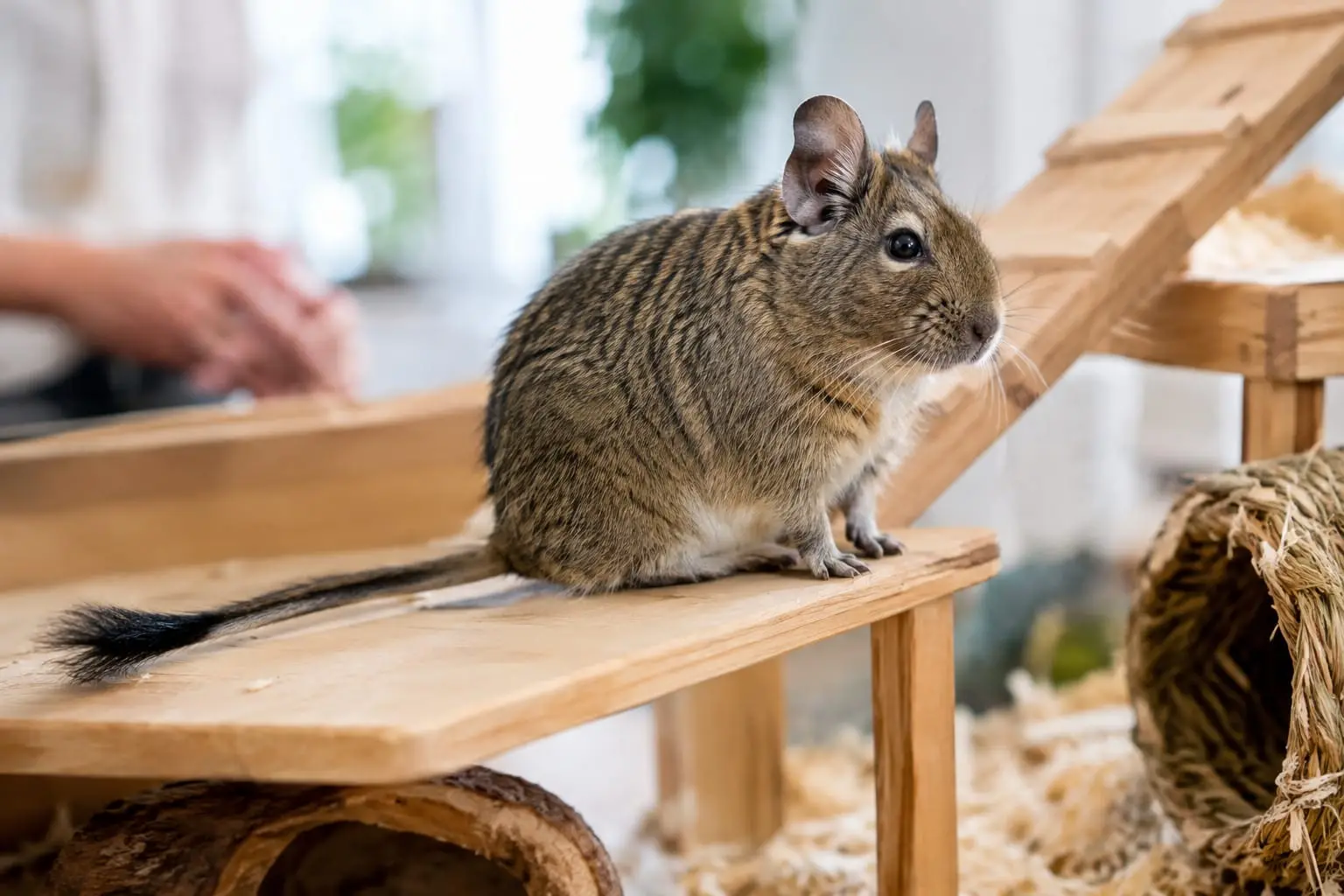 Octodon agouti gris-brun au ventre crème, posé sur une plateforme basse dans une volière aménagée pour un animal âgé.