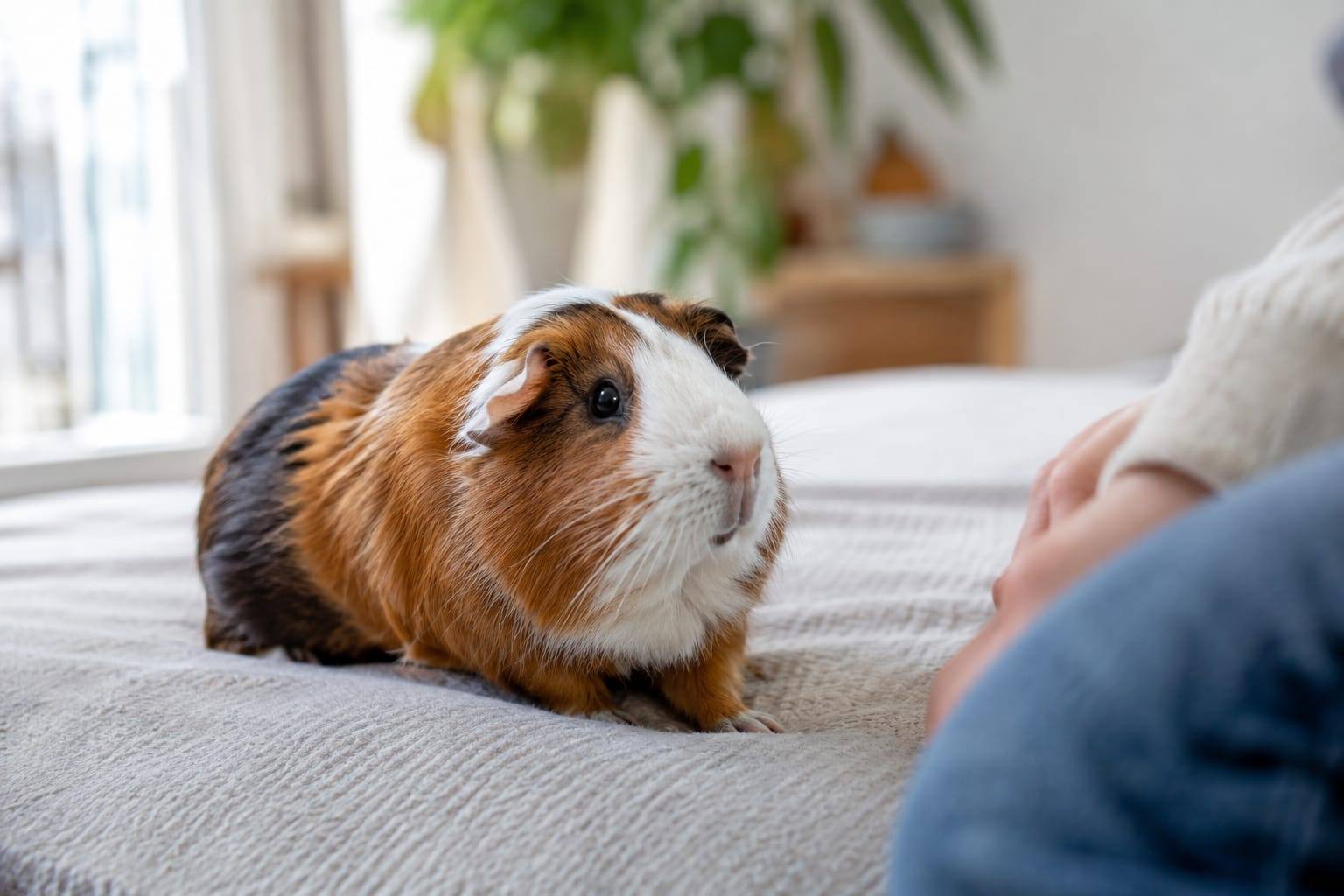 Un cochon d’Inde observe calmement son environnement dans un habitat propre, tandis qu’un propriétaire examine sa posture sans le manipuler.
