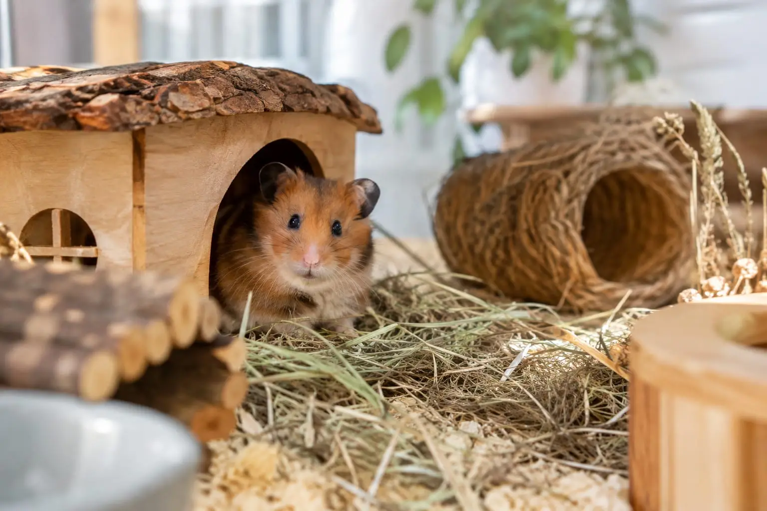 Un hamster observe calmement depuis une cachette dans un habitat aménagé, avec du foin et des abris.
