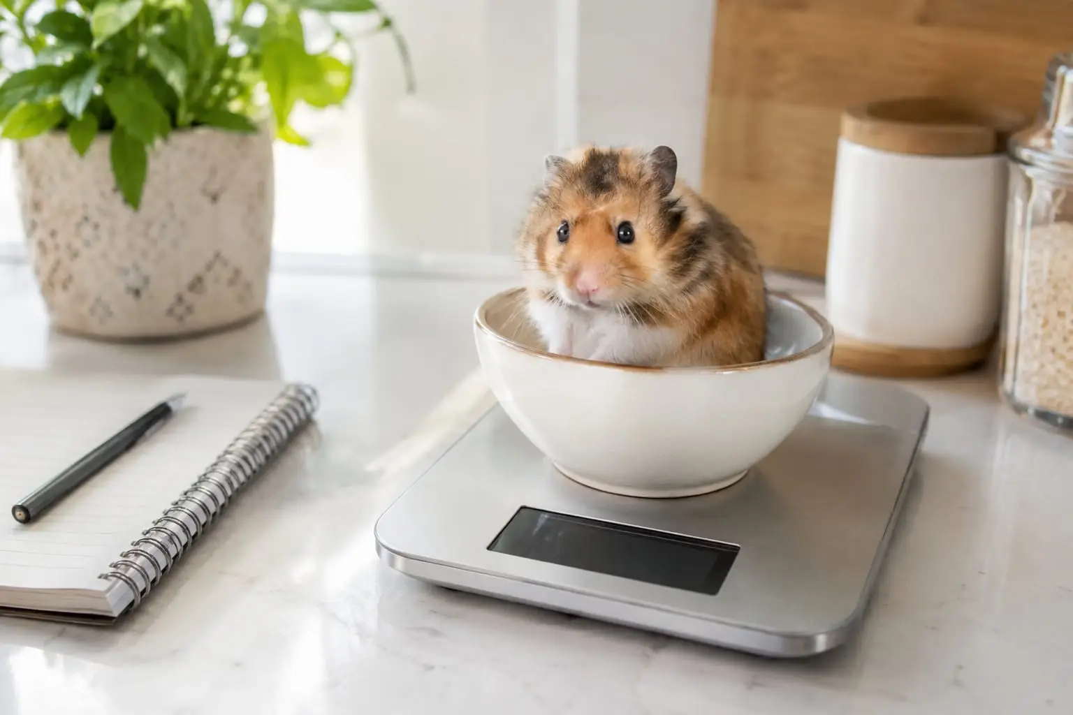Dans une cuisine claire, un hamster syrien est assis dans un petit bol en céramique sur une balance de cuisine numérique, près d’un carnet.
