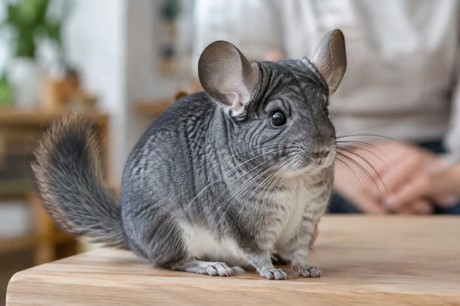 Chinchilla gris standard au pelage dense et velouté, observé calmement dans un intérieur lumineux.