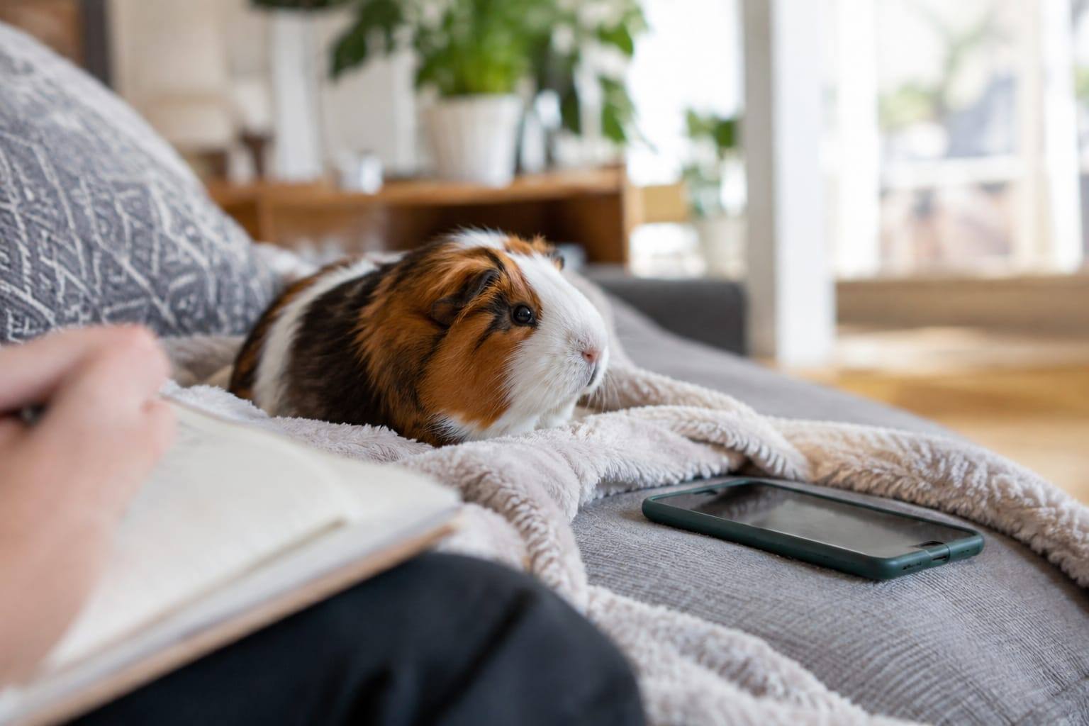 Un cochon d’Inde se repose sur une couverture de canapé, près d’un smartphone posé écran contre le coussin et d’une main tenant un carnet.