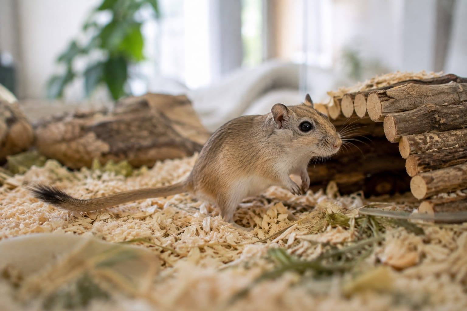 Gerbille dorée au ventre clair, debout dans un habitat sécurisé avec litière profonde et abri bas.
