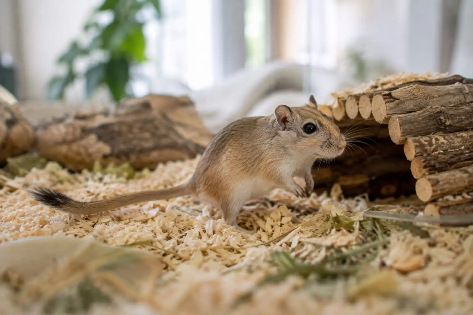 Gerbille dorée au ventre clair, debout dans un habitat sécurisé avec litière profonde et abri bas.