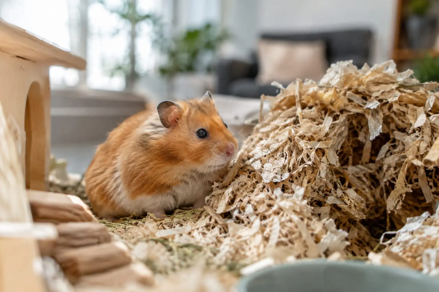 Hamster syrien au pelage orange et crème, éveillé dans une litière épaisse près de son nid.