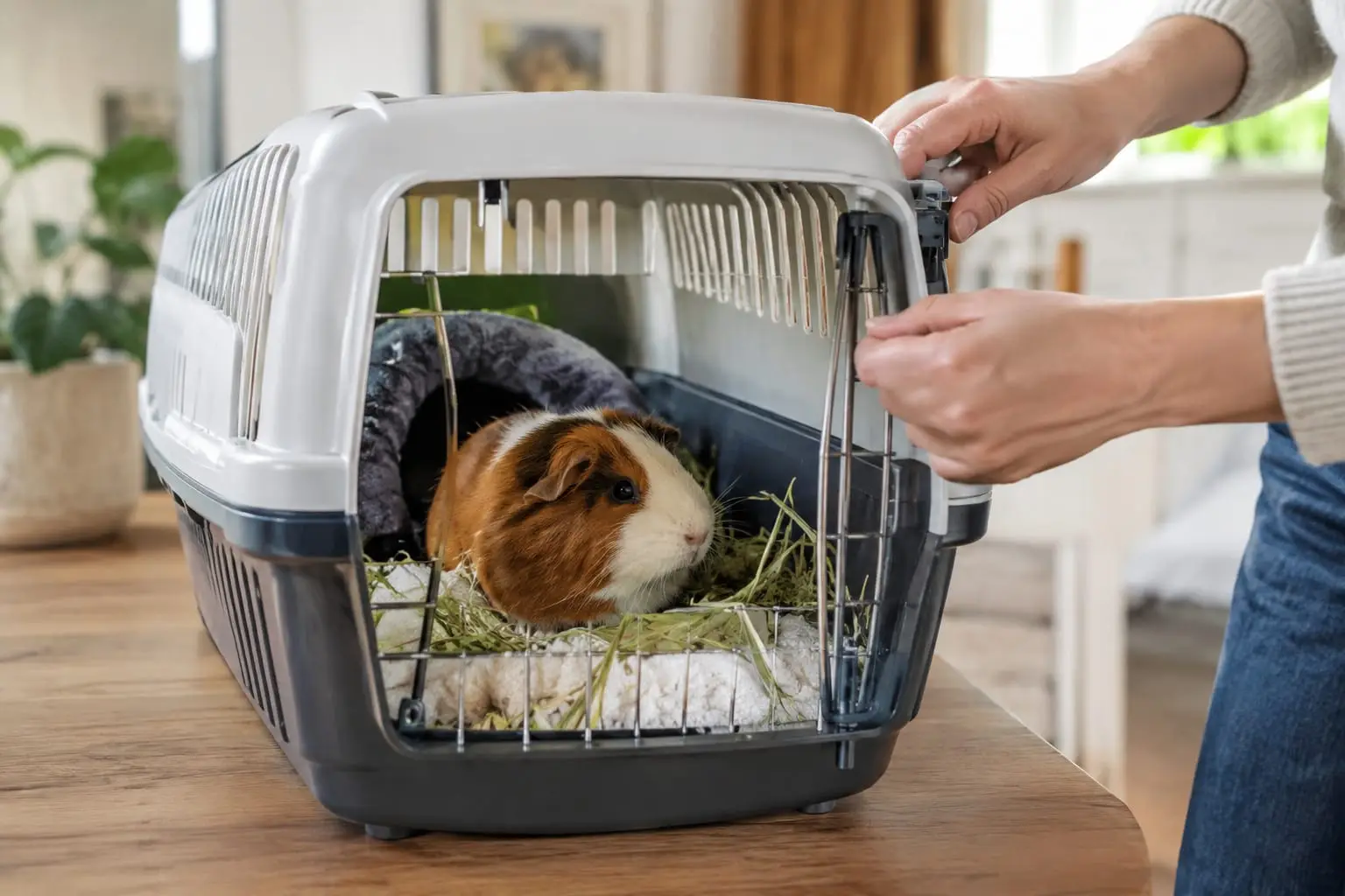 Un cochon d’Inde installé sur une litière familière dans une caisse de transport ventilée, prête pour le trajet.
