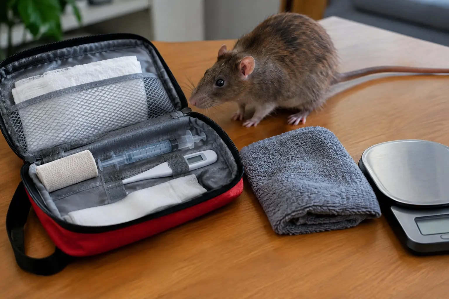 Sur une table en bois, un rat renifle une trousse ouverte avec gaze stérile, seringue sans aiguille, thermomètre, serviette et balance de cuisine.
