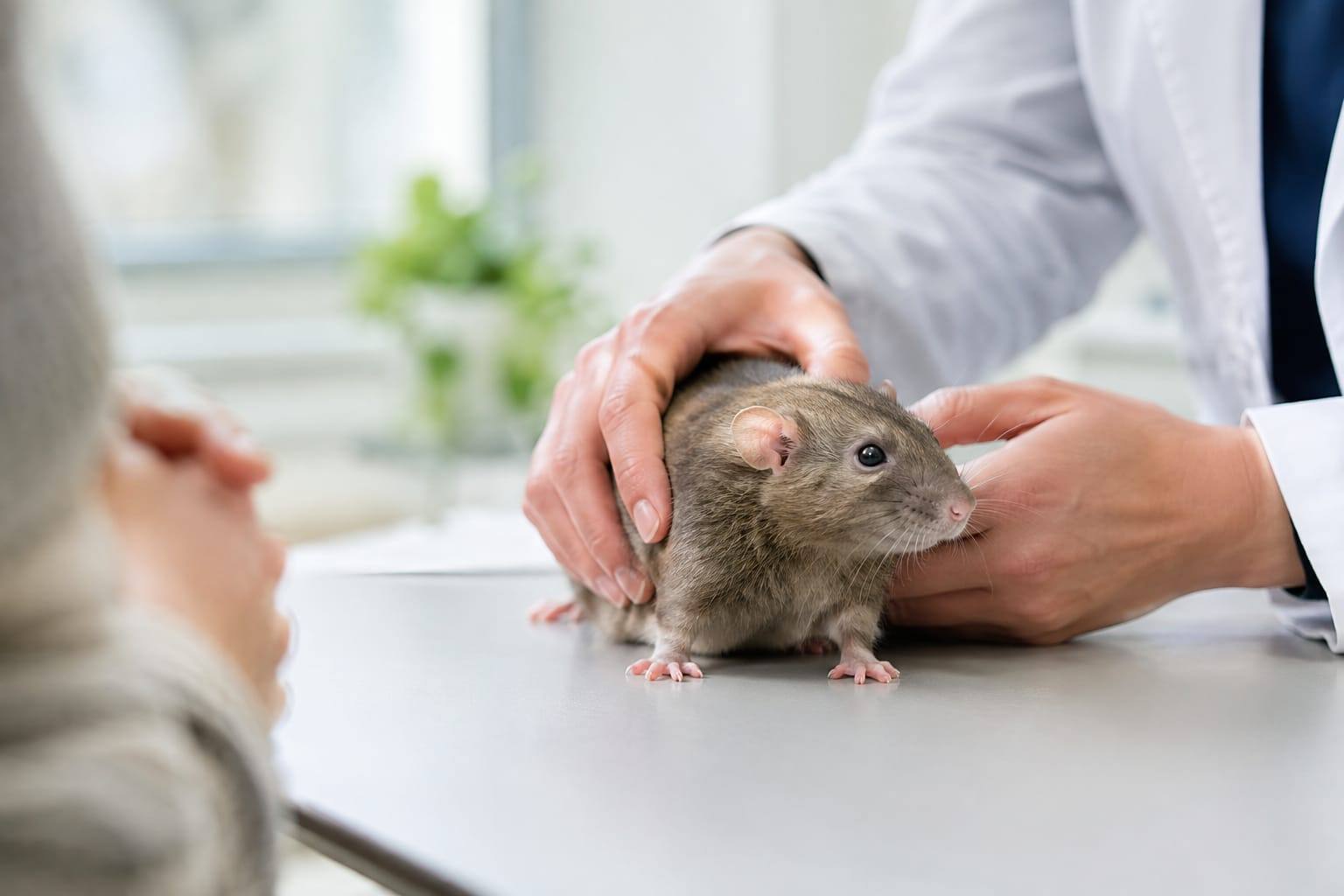 Un vétérinaire examine calmement un rat domestique sur une table, dans une clinique lumineuse avec son propriétaire à proximité.