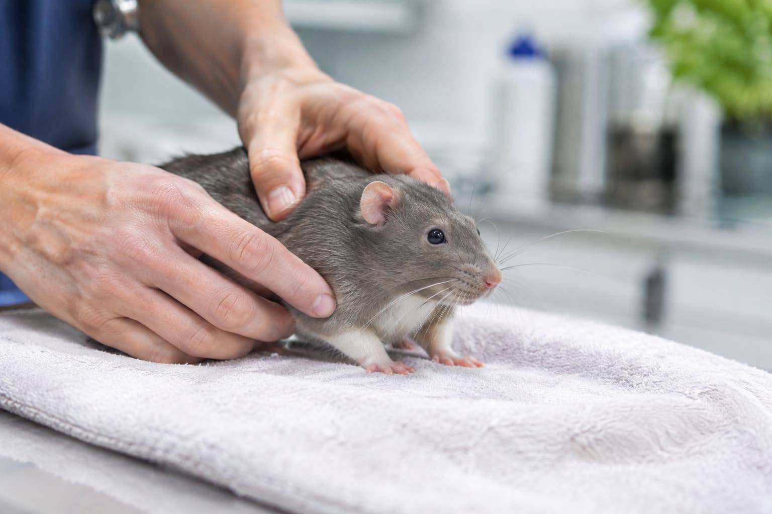 Un rat domestique est examiné avec douceur sur une serviette par un vétérinaire dans une clinique lumineuse.