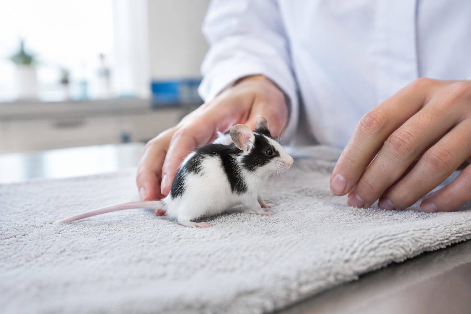 Une souris domestique noire et blanche, au corps fin et aux grandes oreilles, examinée doucement sur une serviette en clinique.
