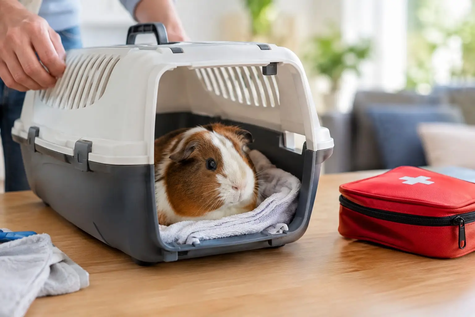 Un cochon d’Inde installé calmement dans une caisse de transport, près d’une trousse de premiers secours.
