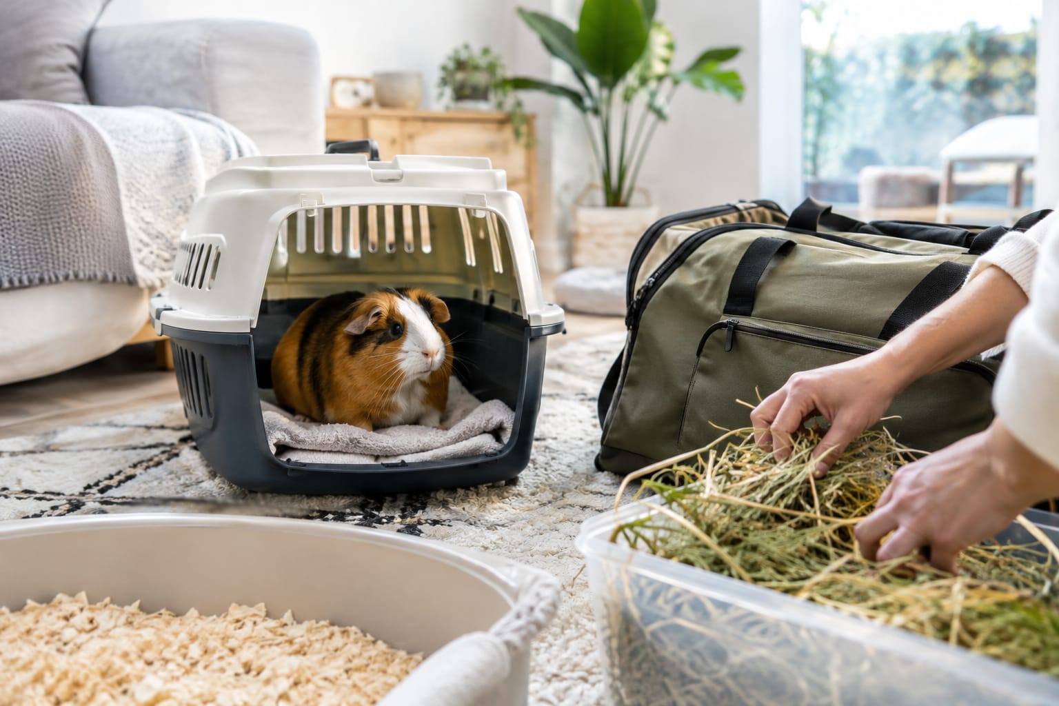 Un cochon d’Inde calme dans une caisse de transport ouverte, près d’un sac de voyage dans un salon lumineux.