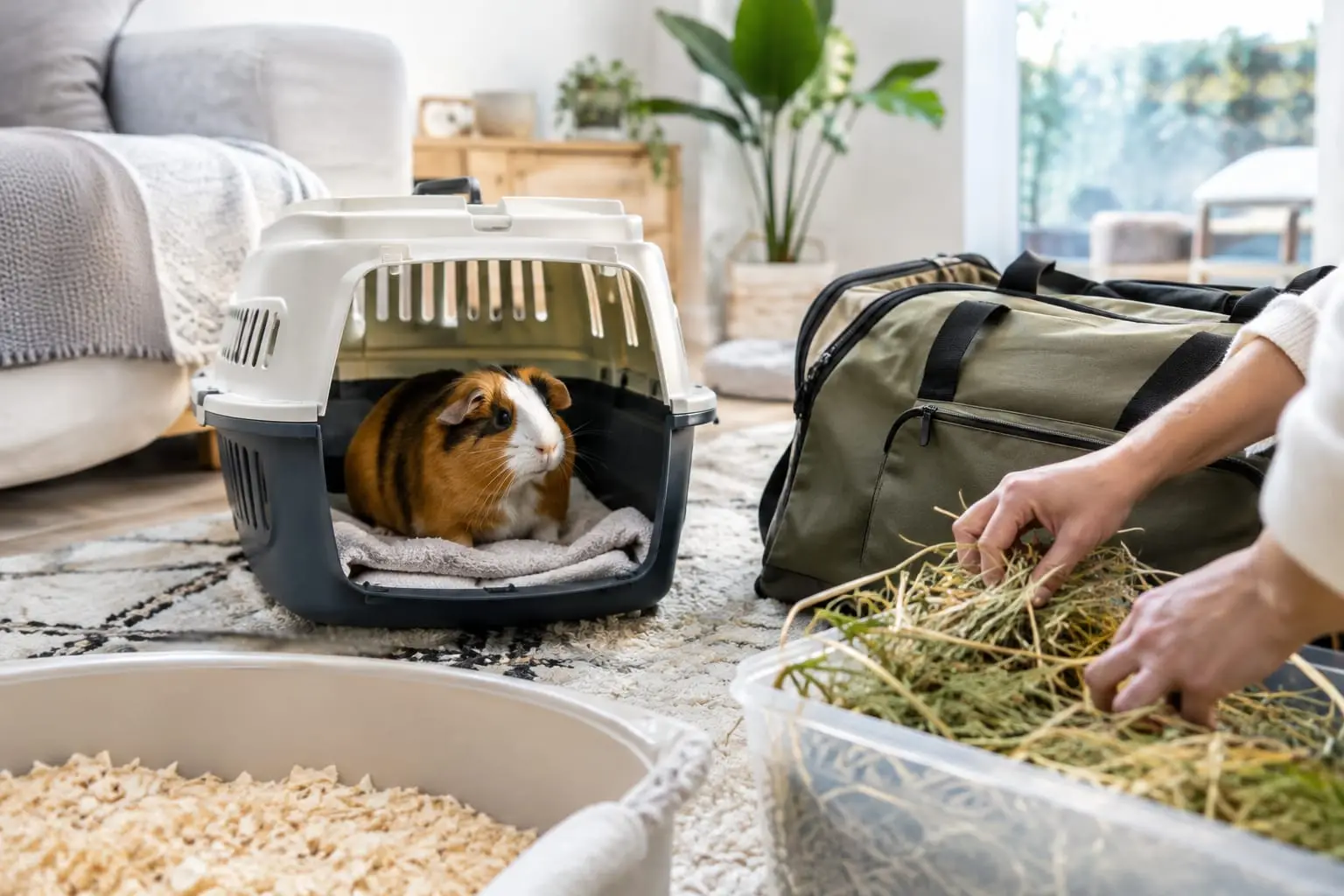 Un cochon d’Inde calme dans une caisse de transport ouverte, près d’un sac de voyage dans un salon lumineux.