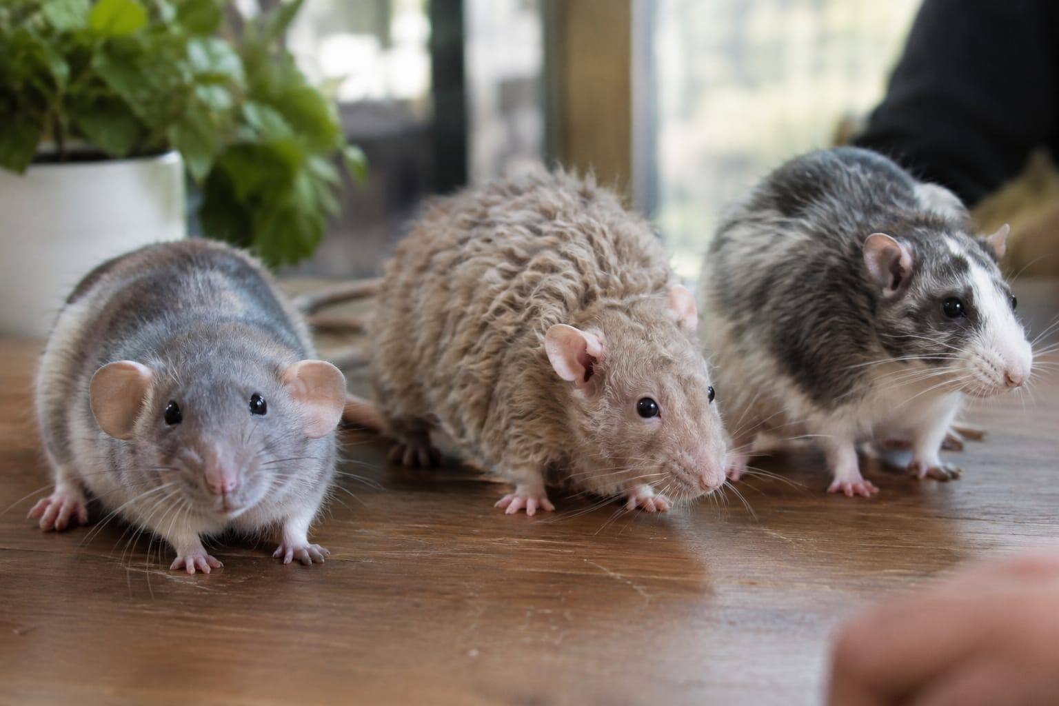 Un rat Dumbo aux grandes oreilles basses, un Rex au pelage bouclé et un Husky gris et blanc sont réunis sur une table en bois.