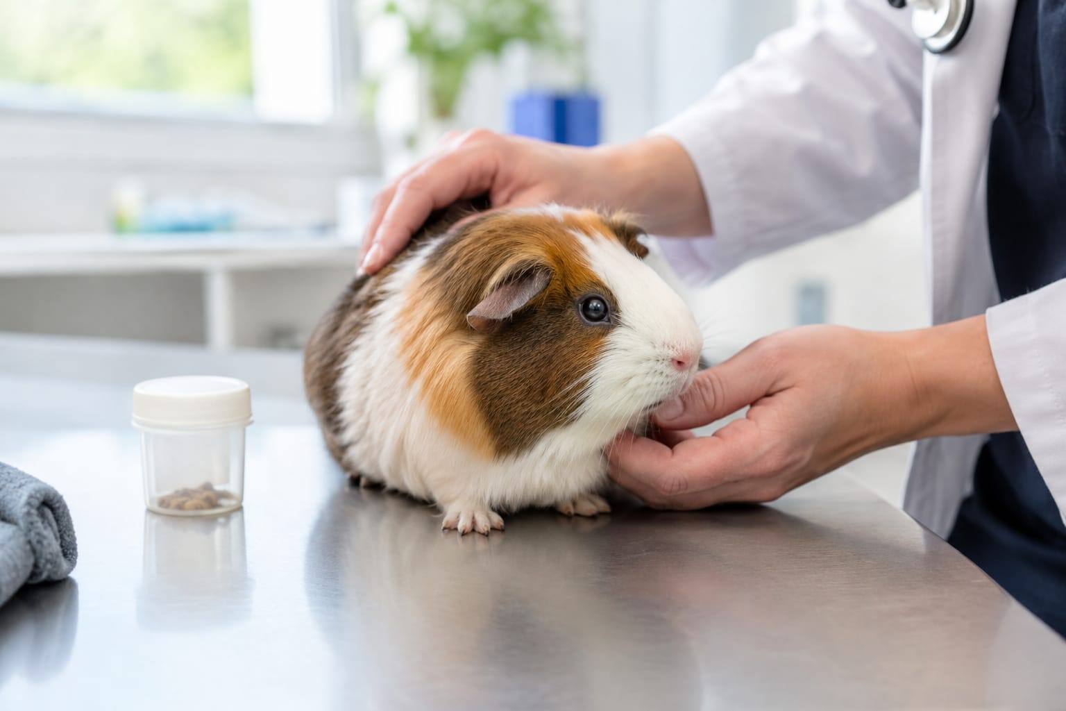 Un cochon d’Inde calme dans une caisse de transport, examiné par un vétérinaire dans une clinique lumineuse.