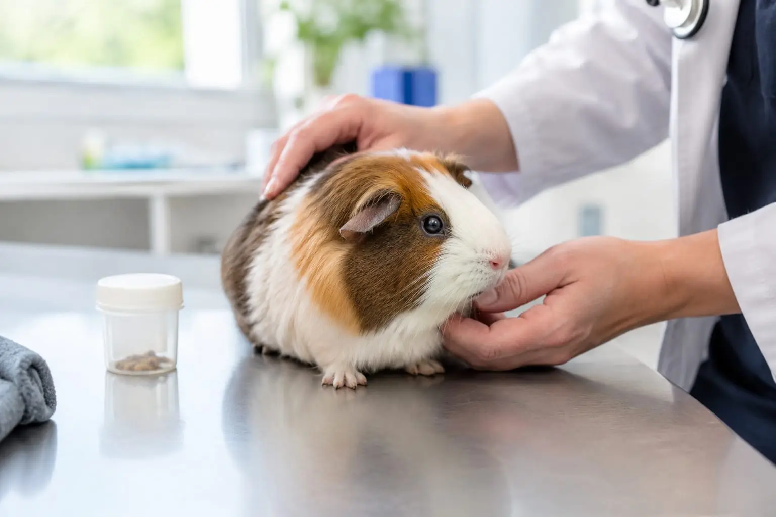 Un cochon d’Inde calme dans une caisse de transport, examiné par un vétérinaire dans une clinique lumineuse.