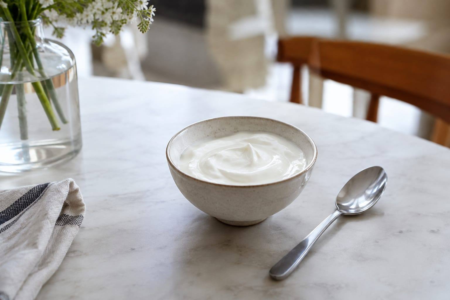 Petit bol de yaourt nature sans sucre posé sur une table claire, avec une cuillère et un pot neutre sans étiquette lisible.