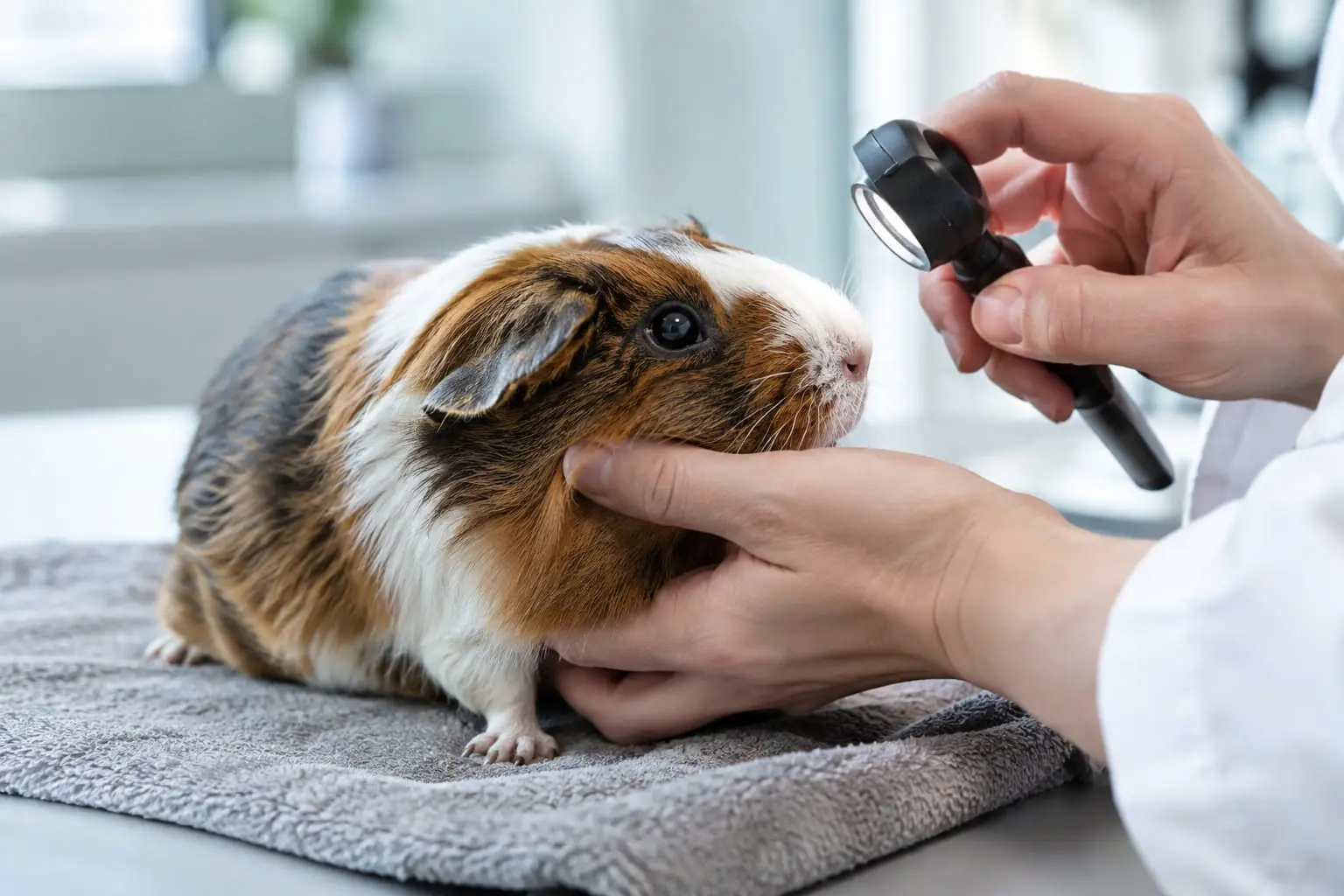 Un cochon d’Inde calme est examiné par une vétérinaire qui observe délicatement son œil dans une clinique lumineuse.