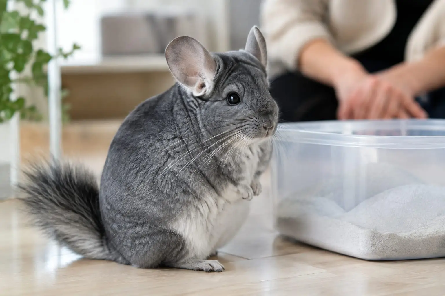 Chinchilla gris standard aux yeux ouverts, assis dans un habitat propre, avec sa fourrure dense et sa longue queue touffue.