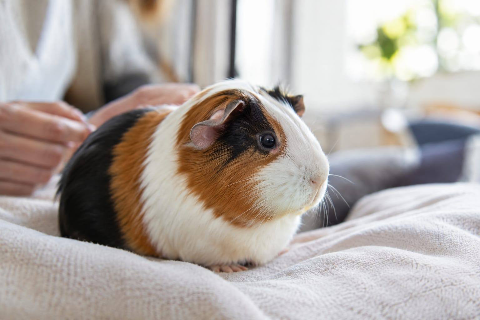 Cochon d’Inde tricolore observé de près, avec ses yeux visibles et un pelage blanc, roux et noir.